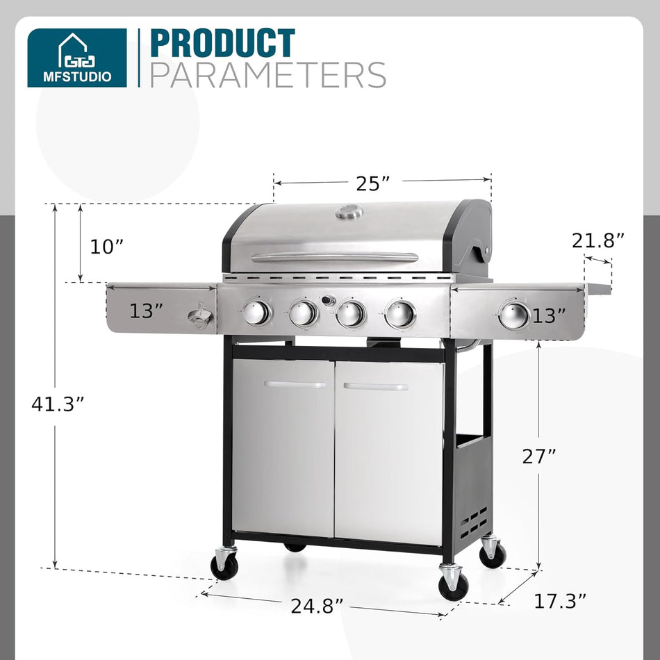 MFSTUDIO 4 Burner BBQ Gas Grill with Side Burner, Stainless Steel Propane Grills with Porcelain-Enameled Cast Iron Grates, 42,000 BTU for Outdoor Backyard Barbecue Cooking, Silver