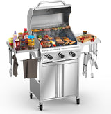 3-Burner Propane Gas Grill with Side Burner, 34,000 BTU Stainless Steel BBQ Grill – Heavy-Duty Porcelain-Enameled Grates for Patio and Outdoor Cooking