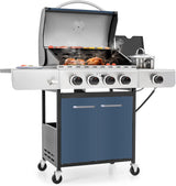 MFSTUDIO 4 Burner BBQ Gas Grill with Side Burner, Stainless Steel Propane Grills with Porcelain-Enameled Cast Iron Grates, 42,000 BTU for Outdoor Backyard Barbecue Cooking, Silver