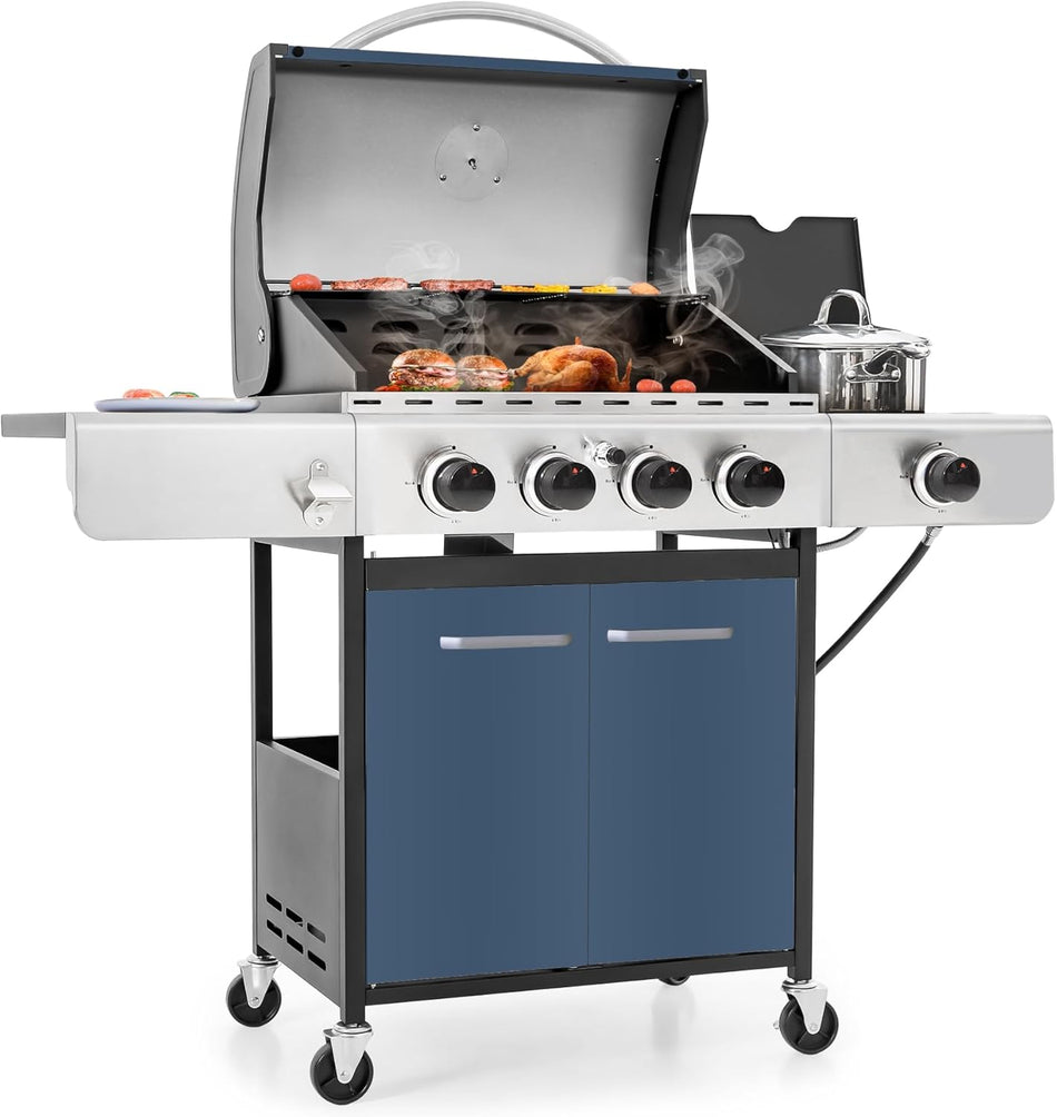 MFSTUDIO 4 Burner BBQ Gas Grill with Side Burner, Stainless Steel Propane Grills with Porcelain-Enameled Cast Iron Grates, 42,000 BTU for Outdoor Backyard Barbecue Cooking, Silver